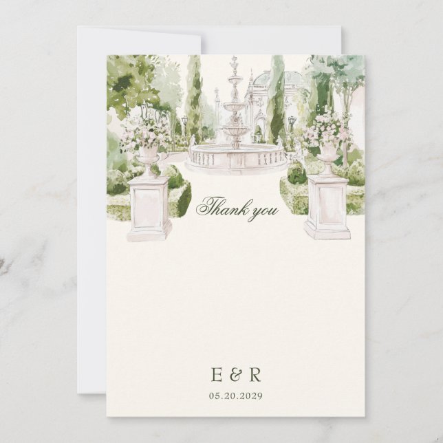 Cartão De Agradecimento Casamento de Jardim de Manor de Aquarela Elegante (Frente)