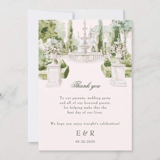 Cartão De Agradecimento Casamento de Jardim de Manor de Aquarela Elegante (Frente)