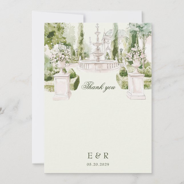 Cartão De Agradecimento Casamento de Jardim de Manor de Aquarela Elegante (Frente)