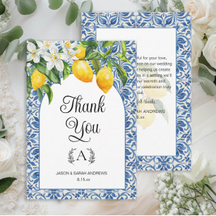 Cartão De Agradecimento Casamento de Limões Monograma Branco Azul Mediterr