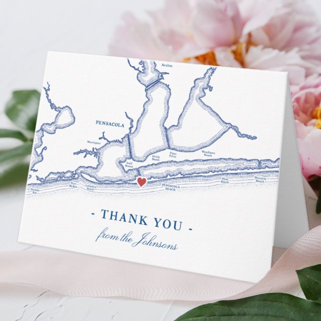 Cartão De Agradecimento Casamento de Mapa de Pensacola Beach FL Personaliz (Pensacola Beach FL personalized thank you notes for your elegant navy blue wedding)