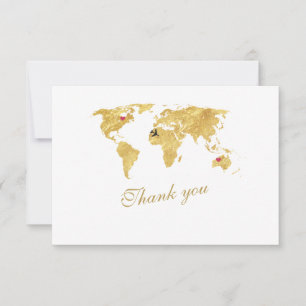 Cartão De Agradecimento Casamento de Mapa do Mundo Dourado de Destino Eleg