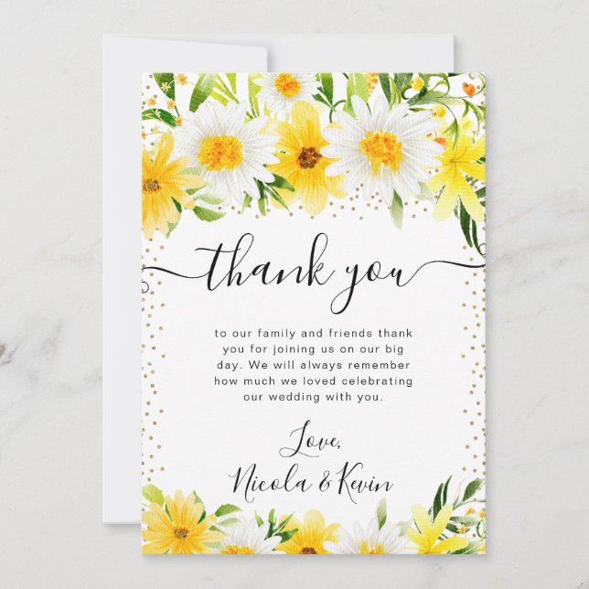 Cartão De Agradecimento Casamento de margaridas e flores amarelas (Frente)