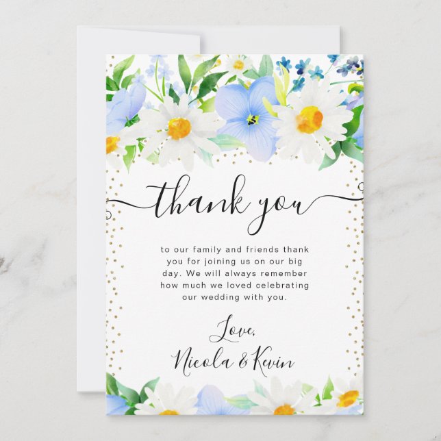 Cartão De Agradecimento Casamento de margaridas e flores azuis (Frente)
