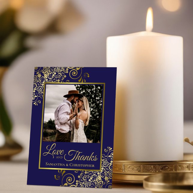 Cartão De Agradecimento Casamento de Marinho Azul e Dourado e Obrigados (Criador carregado)