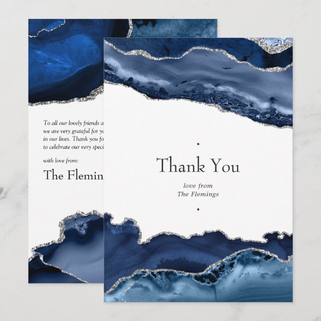 Cartão De Agradecimento Casamento de marinho e Prata Agate (Frente/Verso)