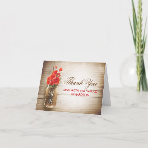 Cartão De Agradecimento Casamento de Mason jar flores vermelhas obrigado c