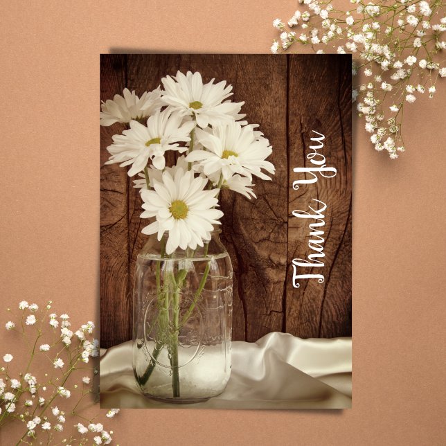 Cartão De Agradecimento Casamento de Mason Jar White Daisies Barn Obrigado (Criador carregado)