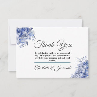 Cartão De Agradecimento Casamento de Monograma de Cor Floral Azul Rústica