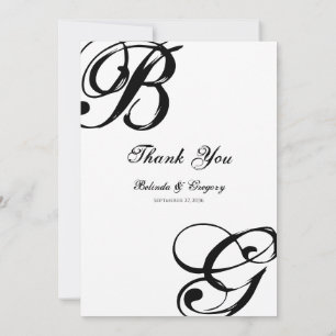 Cartão De Agradecimento Casamento de Monograma de Script Preto e Branco