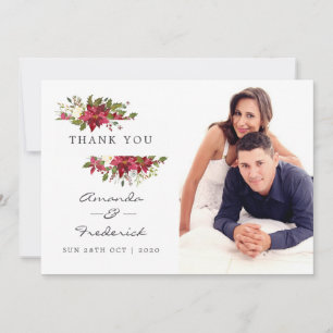 Cartão De Agradecimento Casamento de Natal com Floral em Aquarela Burgundy