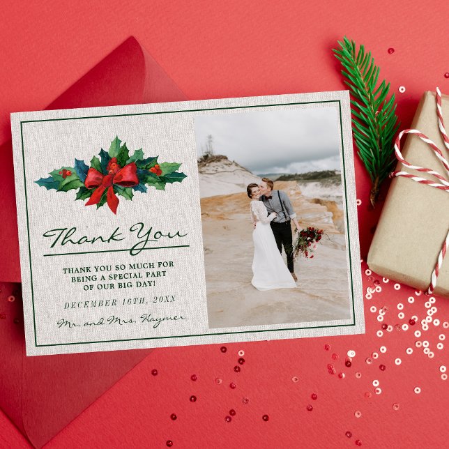 Cartão De Agradecimento Casamento de Natal Holiday Wreath Poinsettia (Criador carregado)