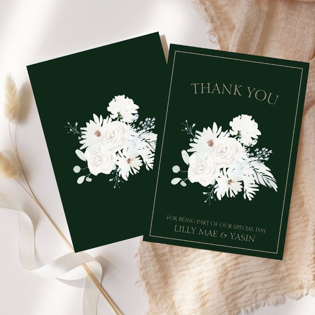 Cartão De Agradecimento Casamento de Natal Verde Floral Branco de inverno (Winter White Floral Green Christmas Wedding Thank You Card)