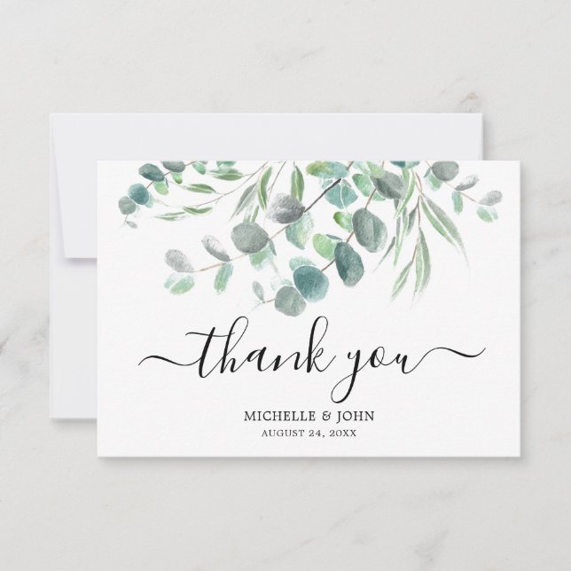 Cartão De Agradecimento Casamento de Nome de Aquarela Eucalyptus Elegante (Frente)