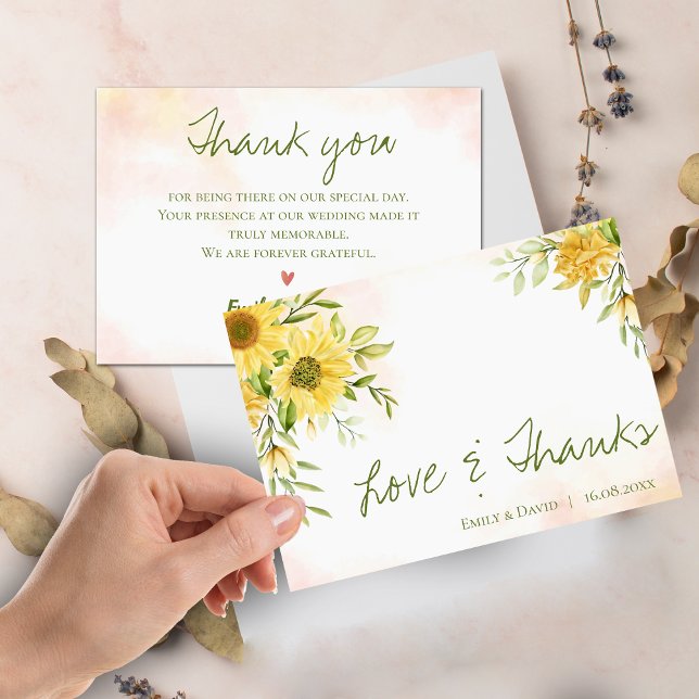 Cartão De Agradecimento Casamento de Obrigados e Amor Elegante de Girassol (Yellow Sunflower Elegant Love & Thanks Wedding Thank You Card)