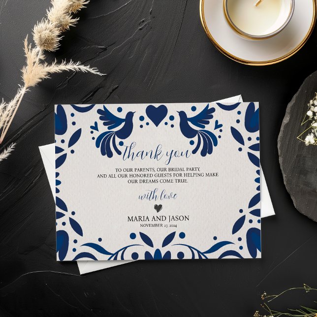 Cartão De Agradecimento Casamento de Otomi Blue Floral Elegant Fiesta (Mexican Otomi Blue Floral Elegant Fiesta Wedding Thank You Card)