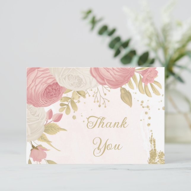Cartão De Agradecimento Casamento de ouro com flores rosas e brancas (Em pé/Frente)