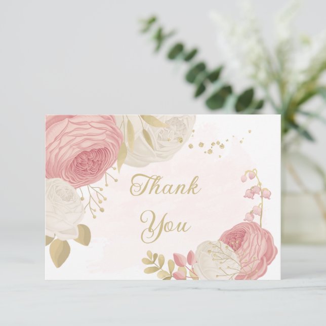 Cartão De Agradecimento Casamento de ouro com flores rosas e brancas (Em pé/Frente)