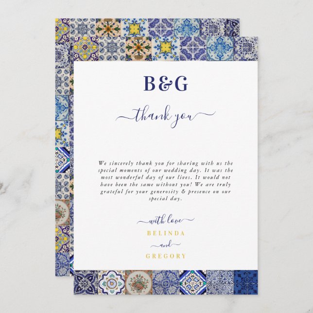 Cartão De Agradecimento Casamento de Padrão de Azulejos Portugueses do Med (Frente/Verso)