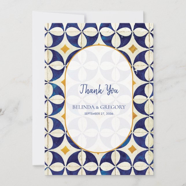 Cartão De Agradecimento Casamento de Padrão Português Azul e Amarelo (Frente)