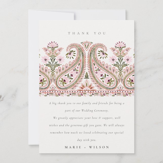 Cartão De Agradecimento Casamento de Paisley Motif, Floral Verde Rosa Eleg (Frente)