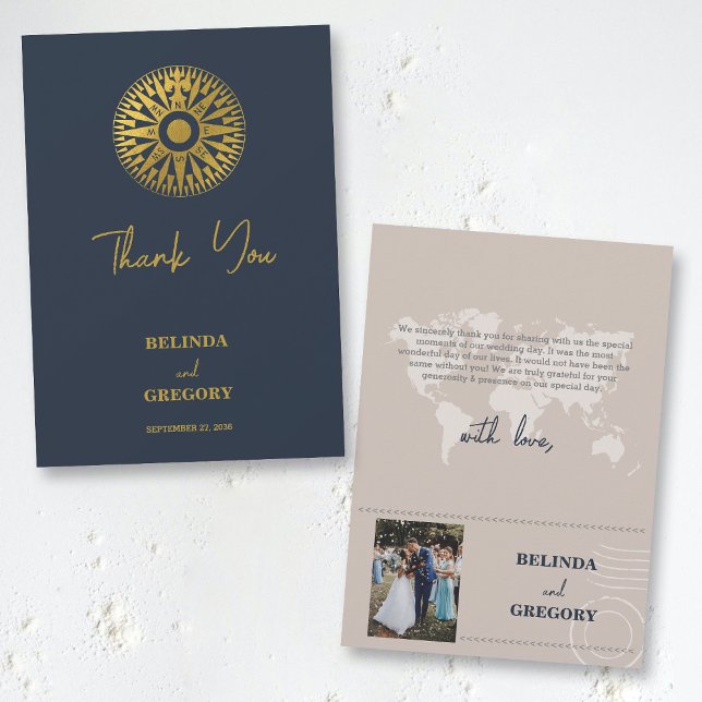 Cartão De Agradecimento Casamento de Passaporte de Casamento de Destino (Destination Wedding Passport Compass Wedding Thank You Card)