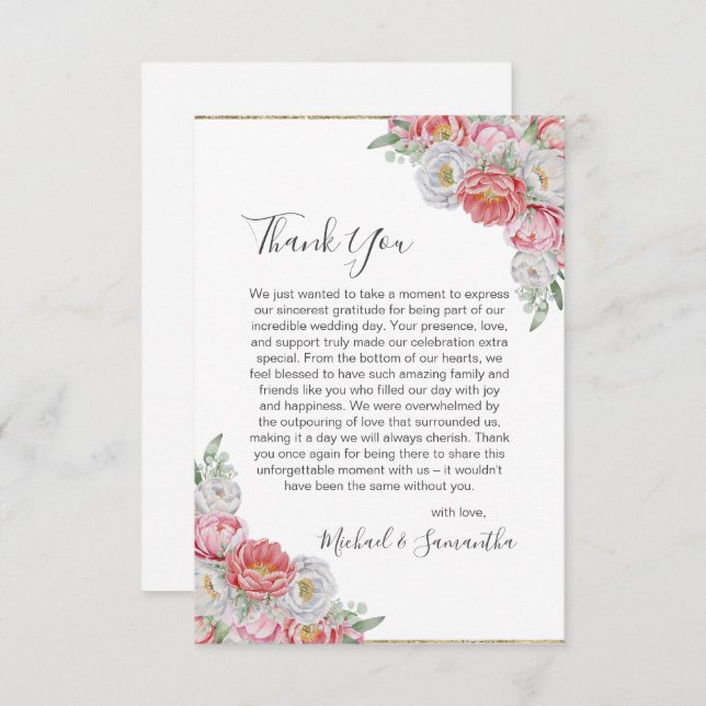 Cartão De Agradecimento Casamento de Penas Brancas e Rosa (Frente/Verso)