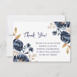 Cartão De Agradecimento Casamento de Peônia Azul Marinho e Dourado