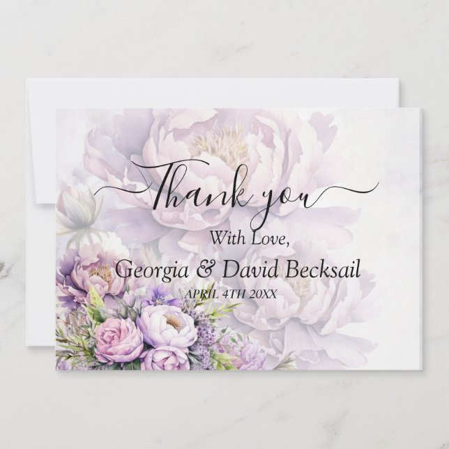 Cartão De Agradecimento Casamento de Peony de Lavanda de Aquarela Obrigado (Frente)