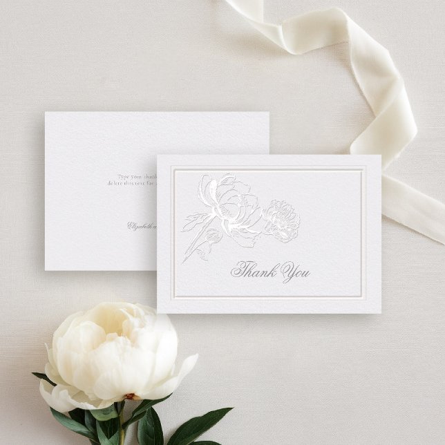 Cartão De Agradecimento Casamento de Peony Ivory Formal Elegant Casal Note (peony wedding thank you formal modern classic traditional calligraphy double frame faux embossed)