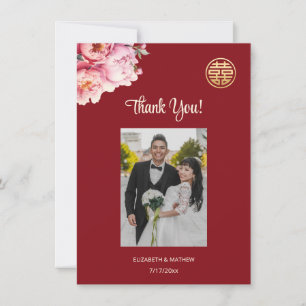 Cartão De Agradecimento Casamento de Peony Red Chinese Obrigado