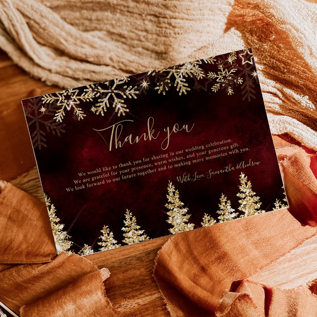 Cartão De Agradecimento Casamento de pinheiro vermelho-quic Winter gold pi (Chic red Winter gold snow pine wedding Thank You Card)