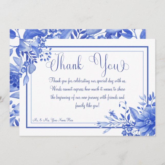 Cartão De Agradecimento Casamento de Porcelana Floral Azul e Branco (Frente/Verso)