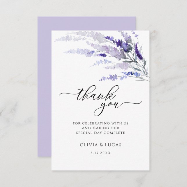 Cartão De Agradecimento Casamento de Prados Botânicos Florais de Lavanda E (Frente/Verso)