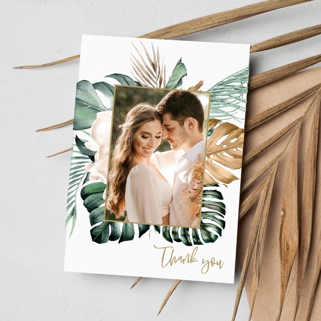 Cartão De Agradecimento Casamento de praia com folhas tropicais Obrigado (Tropical Leaf Photo Beach Wedding Thank You)