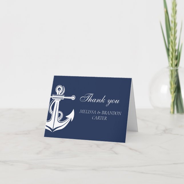 Cartão De Agradecimento Casamento de praia de Anchor Marinho náutico Obrig (Frente)