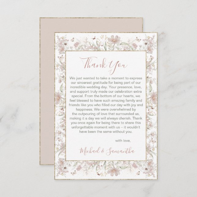 Cartão De Agradecimento Casamento de primavera de Blush e Sage Wildflower (Frente/Verso)