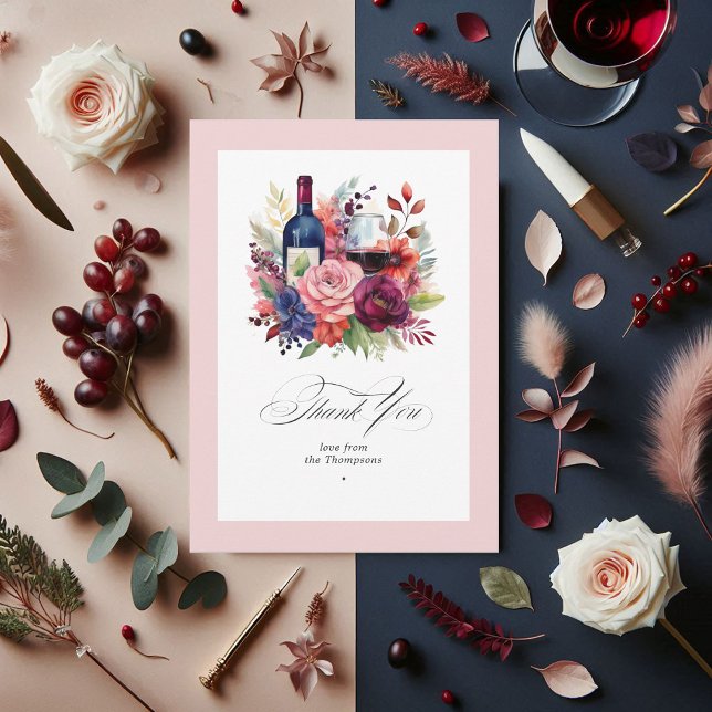 Cartão De Agradecimento Casamento de Provandos de vinho borgonha, Marinho  (Burgundy, Navy and Blush Wine Tasting Wedding Thank You Card)