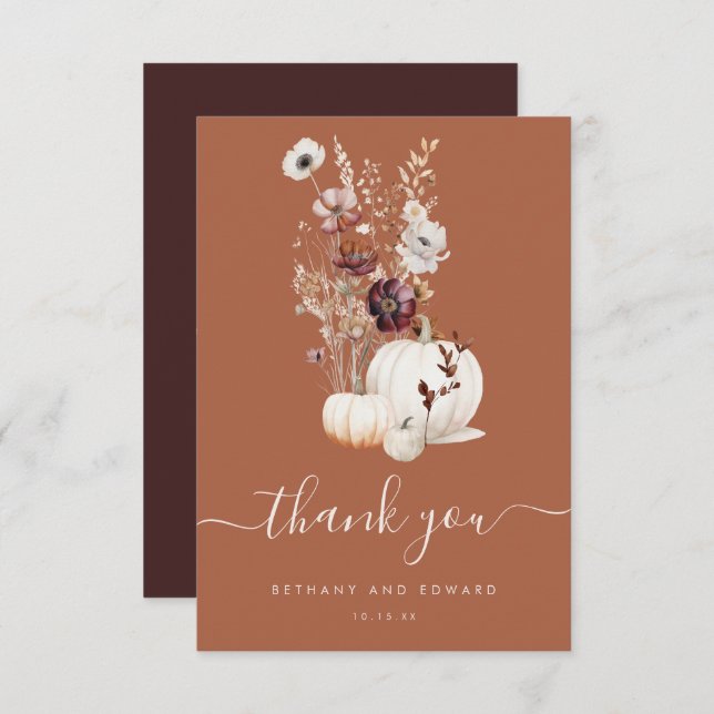 Cartão De Agradecimento Casamento de Pumpkin Floral de Queda Elegante (Frente/Verso)