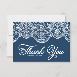 Cartão De Agradecimento Casamento de Renda de Brocado Botânico Azul Elegan