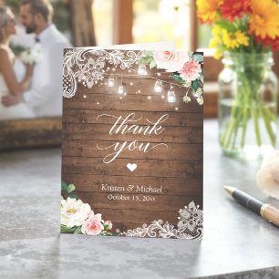 Cartão De Agradecimento Casamento de rendas florais Rustic Mason Jar Light