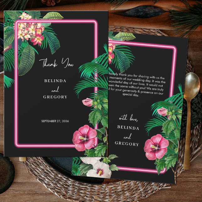 Cartão De Agradecimento Casamento de Retros Tropicais Neon Pink (Neon Pink Tropical Retro Botanicals Wedding Thank You Card)