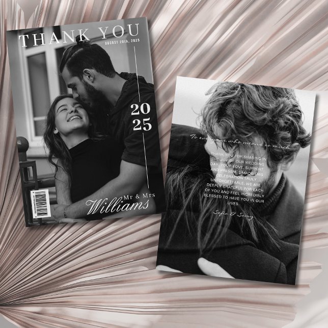 Cartão De Agradecimento Casamento de revistas brancas e pretas editoriais (Criador carregado)