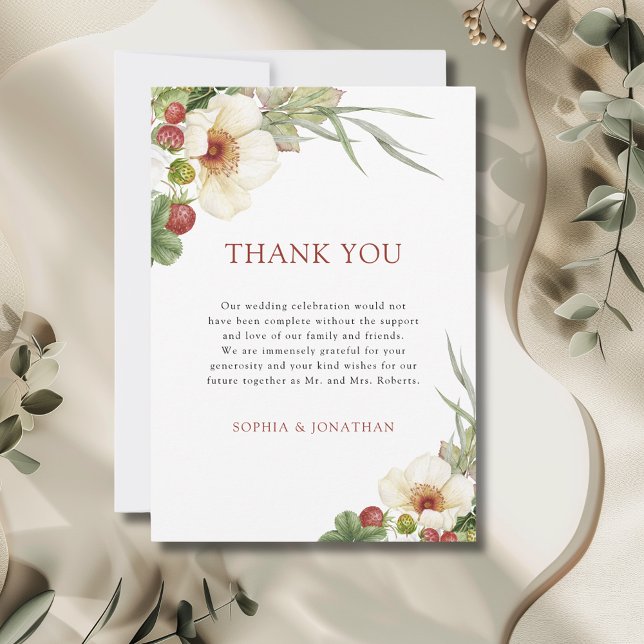 Cartão De Agradecimento Casamento de Rosa Branca e Morango Selvagem (White Rose and Wild Strawberry Wedding Thank You Card with Envelope)