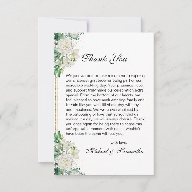 Cartão De Agradecimento Casamento de Rosa Branca Elegante e Lírios (Frente)