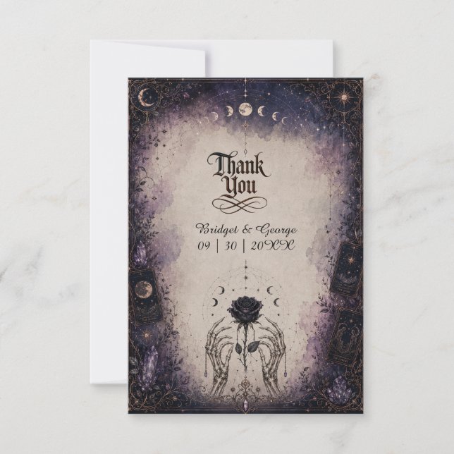 Cartão De Agradecimento Casamento de Rosa da Lua do Tarot Gótico Esqueleto (Frente)