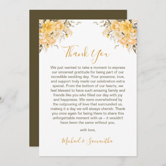 Cartão De Agradecimento Casamento de Rosa de marfim e amarelo legante (Frente/Verso)
