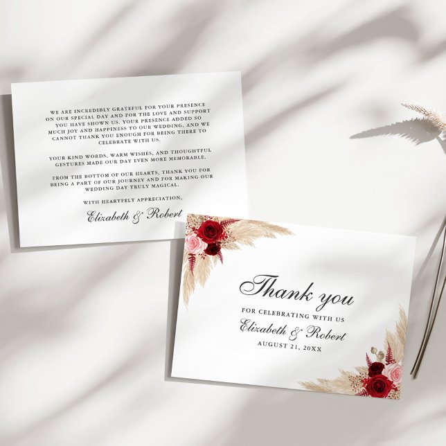 Cartão De Agradecimento Casamento de Rosas de Borgonha (Burgundy Roses Wedding Thank You Card on a sunny white table.)
