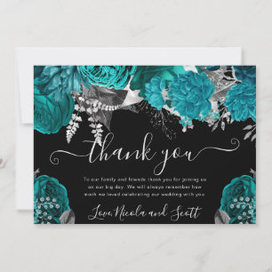 Cartão De Agradecimento Casamento de Rosas em Aquarela Azul-Verde e Prata