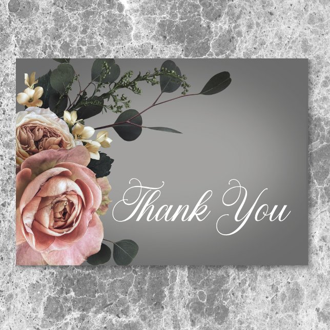 Cartão De Agradecimento Casamento de Rosas Florais Brancas Elegantes (Elegant Pink White Floral Roses Gray Wedding Thank You Card)